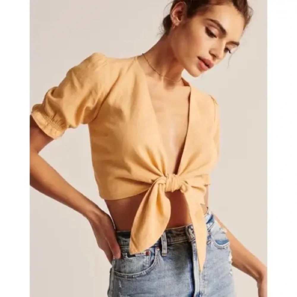 Abercrombie & Fitch yellow linen tie top